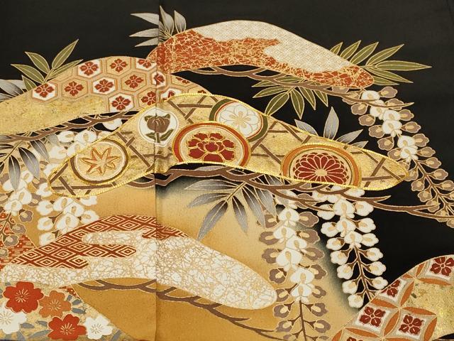 平和屋着物■豪華黒留袖　駒刺繍　松花丸文　藤花房　暈し染め　金彩　正絹　逸品　CABL3358ev