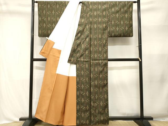 平和屋着物■上質な紬　格子絣文様　正絹　逸品　CABL3363ev