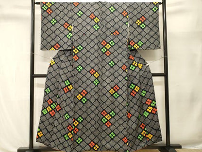 平和屋着物■上質な小紋　総絞り　菱花文　黒地　やまと誂製　正絹　逸品　CABL3391ev