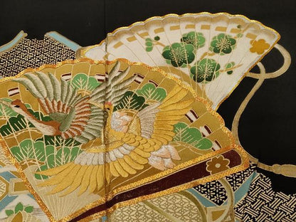 平和屋着物■豪華黒留袖　駒刺繍　天井檜扇飛鶴花文　金彩　正絹　逸品　CABL3408ev