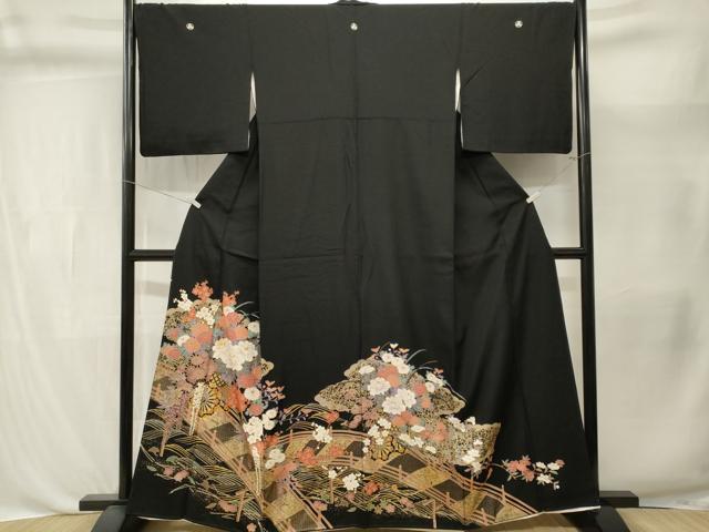 平和屋着物■豪華黒留袖　駒刺繍　渡り橋花車文　金彩　正絹　逸品　CABL3413ev