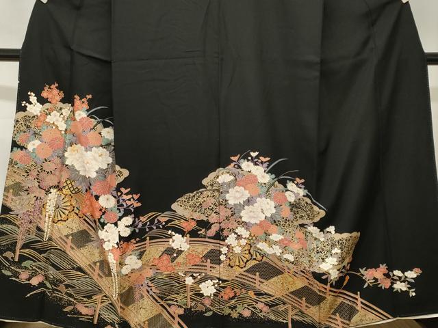 平和屋着物■豪華黒留袖　駒刺繍　渡り橋花車文　金彩　正絹　逸品　CABL3413ev