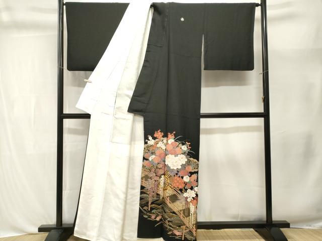 平和屋着物■豪華黒留袖　駒刺繍　渡り橋花車文　金彩　正絹　逸品　CABL3413ev