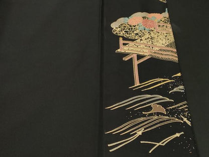 平和屋着物■豪華黒留袖　駒刺繍　渡り橋花車文　金彩　正絹　逸品　CABL3413ev