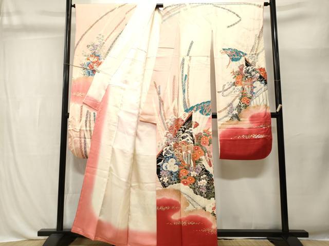 平和屋着物■豪華振袖　駒刺繍　鬘帯御所車飛鶴文　暈し染め　金彩　正絹　逸品　CABL3426ev