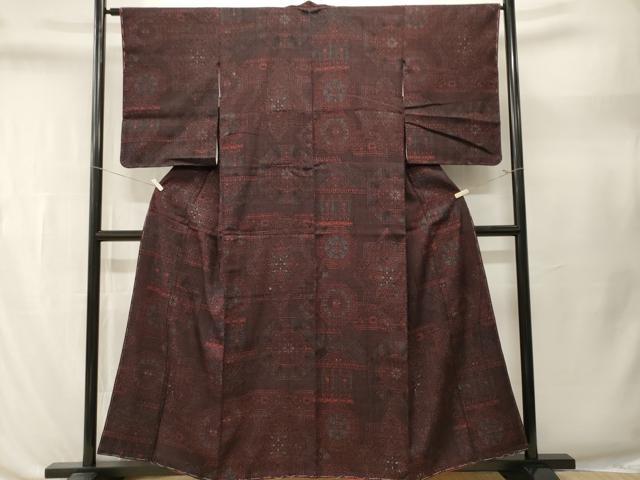 平和屋着物■上質な紬　結城ちぢみ　幾何学花文　正絹　逸品　CABL3452ev