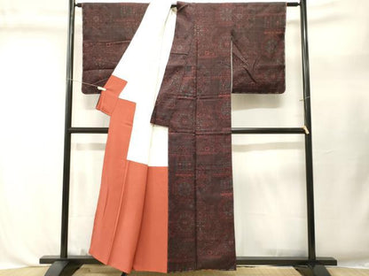 平和屋着物■上質な紬　結城ちぢみ　幾何学花文　正絹　逸品　CABL3452ev