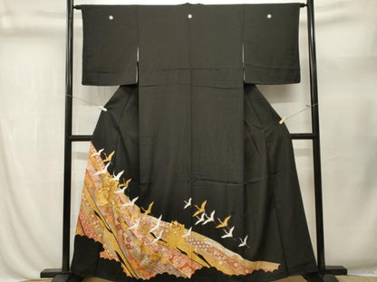 平和屋着物■豪華黒留袖　駒刺繍　御所車飛鶴吉祥花文　金彩　正絹　逸品　CABL3462ev