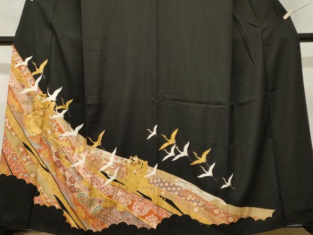 平和屋着物■豪華黒留袖　駒刺繍　御所車飛鶴吉祥花文　金彩　正絹　逸品　CABL3462ev