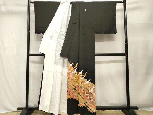平和屋着物■豪華黒留袖　駒刺繍　御所車飛鶴吉祥花文　金彩　正絹　逸品　CABL3462ev