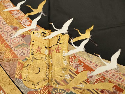 平和屋着物■豪華黒留袖　駒刺繍　御所車飛鶴吉祥花文　金彩　正絹　逸品　CABL3462ev