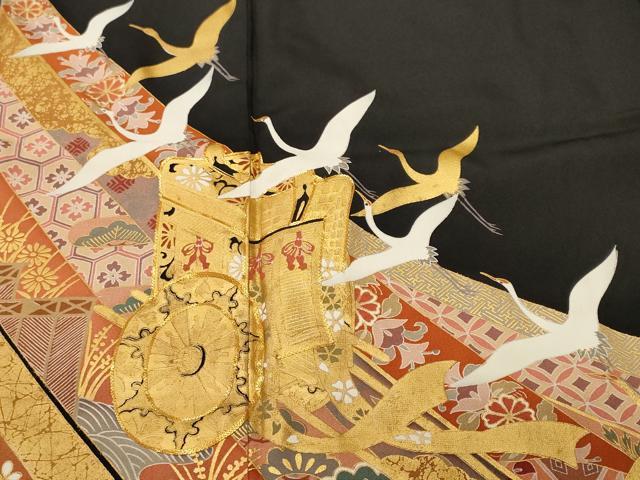 平和屋着物■豪華黒留袖　駒刺繍　御所車飛鶴吉祥花文　金彩　正絹　逸品　CABL3462ev