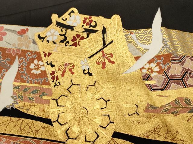 平和屋着物■豪華黒留袖　駒刺繍　御所車飛鶴吉祥花文　金彩　正絹　逸品　CABL3462ev