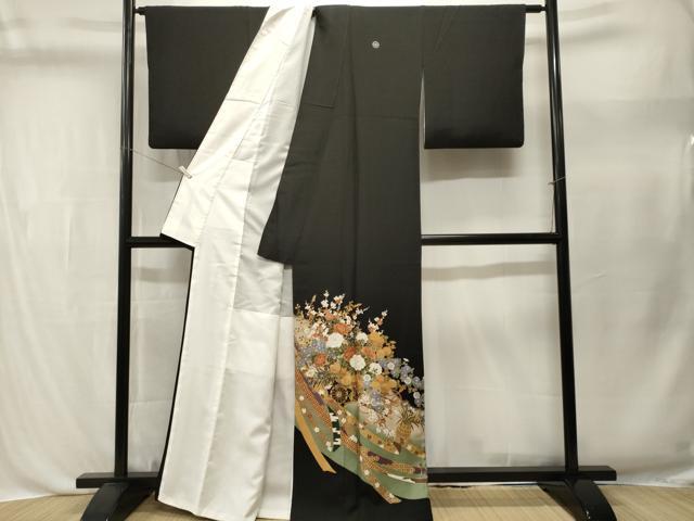 平和屋着物■豪華黒留袖　鬘帯花車文　花籠文　暈し染め　金彩　正絹　逸品　CABL3464ev