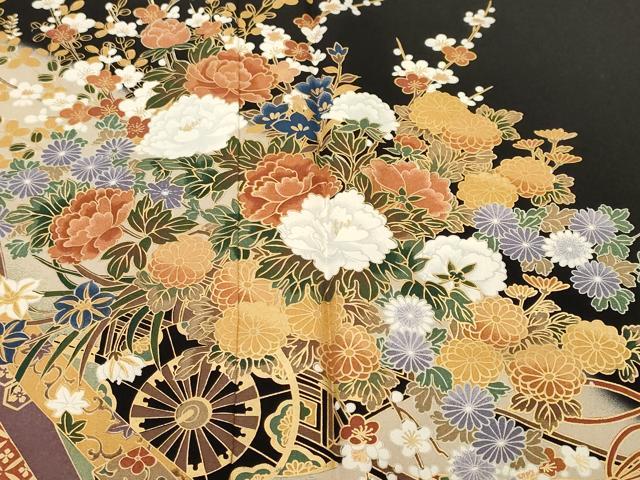 平和屋着物■豪華黒留袖　鬘帯花車文　花籠文　暈し染め　金彩　正絹　逸品　CABL3464ev