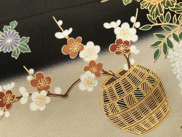 平和屋着物■豪華黒留袖　鬘帯花車文　花籠文　暈し染め　金彩　正絹　逸品　CABL3464ev