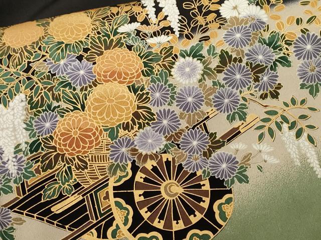 平和屋着物■豪華黒留袖　鬘帯花車文　花籠文　暈し染め　金彩　正絹　逸品　CABL3464ev