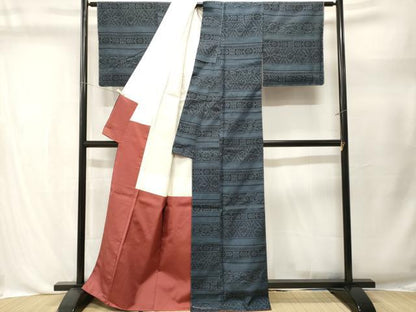 平和屋着物■上質な紬　横段幾何学花文　正絹　逸品　CABL3479ev