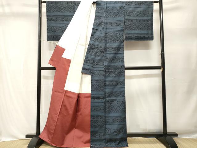平和屋着物■上質な紬　横段幾何学花文　正絹　逸品　CABL3479ev