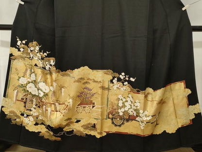 平和屋着物■豪華黒留袖　休み鳥花車文　金彩　正絹　逸品　CABL3520ev