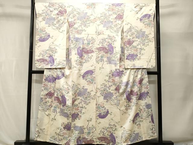 平和屋着物■小振袖　檜扇草花文　銀彩　正絹　逸品　CABL3525ev