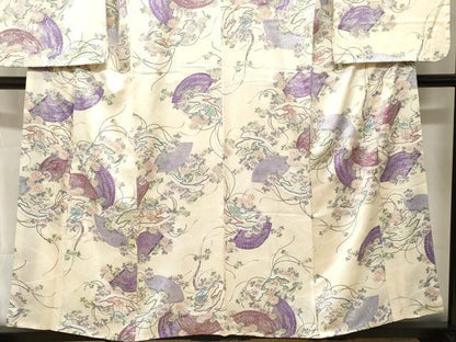 平和屋着物■小振袖　檜扇草花文　銀彩　正絹　逸品　CABL3525ev