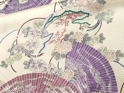 平和屋着物■小振袖　檜扇草花文　銀彩　正絹　逸品　CABL3525ev