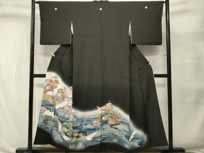 平和屋着物■豪華黒留袖　刺繍　籬飛鶴流水鴛鴦文　暈し染め　金彩　正絹　逸品　CABL3526ev