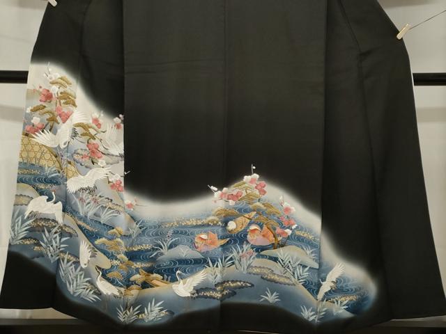 平和屋着物■豪華黒留袖　刺繍　籬飛鶴流水鴛鴦文　暈し染め　金彩　正絹　逸品　CABL3526ev