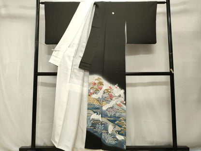 平和屋着物■豪華黒留袖　刺繍　籬飛鶴流水鴛鴦文　暈し染め　金彩　正絹　逸品　CABL3526ev