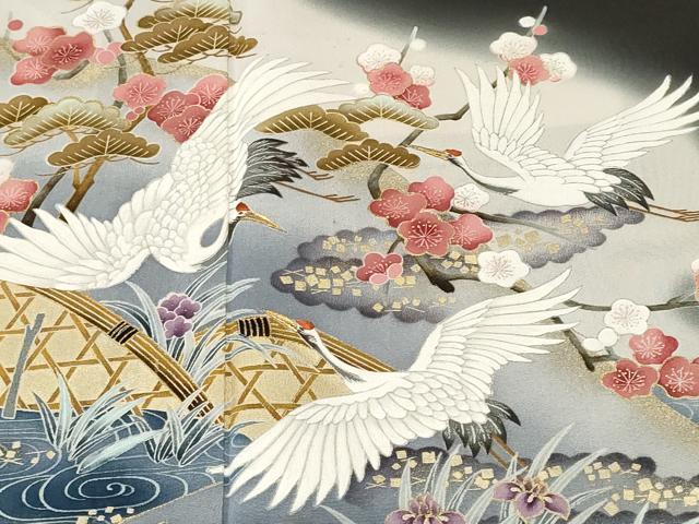平和屋着物■豪華黒留袖　刺繍　籬飛鶴流水鴛鴦文　暈し染め　金彩　正絹　逸品　CABL3526ev