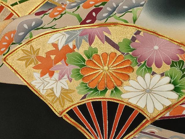 平和屋着物■豪華黒留袖　駒刺繍　扇草花文　暈し染め　金彩　正絹　逸品　CABL3530ev