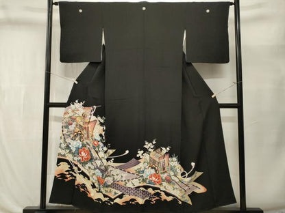 平和屋着物■豪華黒留袖　駒刺繍　几帳御所車花文　暈し染め　金彩　正絹　逸品　CABL3536ev