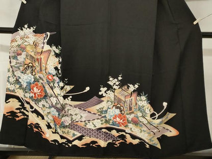平和屋着物■豪華黒留袖　駒刺繍　几帳御所車花文　暈し染め　金彩　正絹　逸品　CABL3536ev