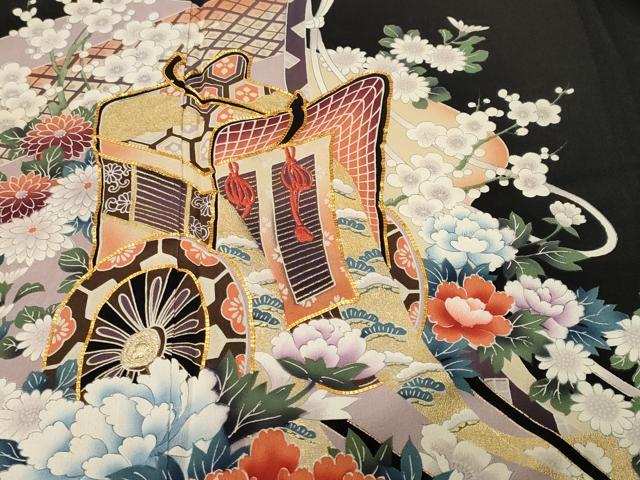 平和屋着物■豪華黒留袖　駒刺繍　几帳御所車花文　暈し染め　金彩　正絹　逸品　CABL3536ev