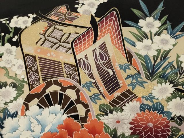 平和屋着物■豪華黒留袖　駒刺繍　几帳御所車花文　暈し染め　金彩　正絹　逸品　CABL3536ev