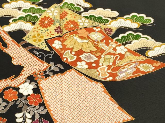 平和屋着物■豪華黒留袖　作家物　駒刺繍　藤花房色紙重ね宝尽し花文　金彩　正絹　逸品　CABL3538ev