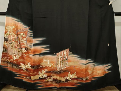 平和屋着物■豪華黒留袖　作家物　駒刺繍　几帳飛鶴流水草花文　暈し染め　金銀彩　正絹　逸品　CABL3540ev