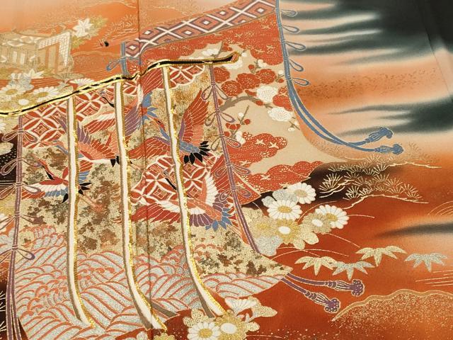 平和屋着物■豪華黒留袖　作家物　駒刺繍　几帳飛鶴流水草花文　暈し染め　金銀彩　正絹　逸品　CABL3540ev