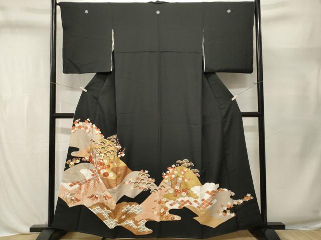 平和屋着物■豪華黒留袖　刺繍　遠山鴛鴦花文　金彩　正絹　逸品　CABL3544ev