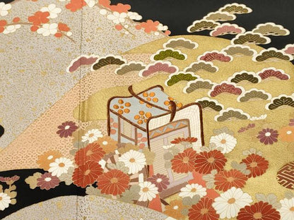 平和屋着物■豪華黒留袖　刺繍　遠山鴛鴦花文　金彩　正絹　逸品　CABL3544ev