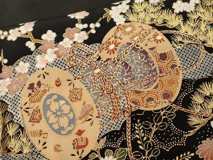 平和屋着物■豪華黒留袖　駒刺繍　鼓　舟　松竹梅　金彩　正絹　逸品　CABL3549ev