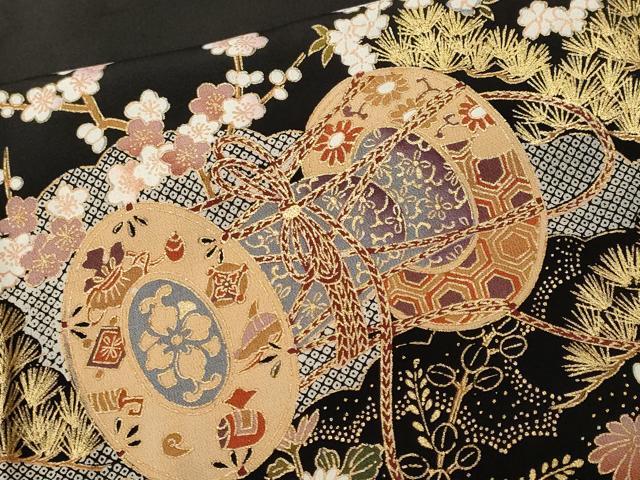 平和屋着物■豪華黒留袖　駒刺繍　鼓　舟　松竹梅　金彩　正絹　逸品　CABL3549ev