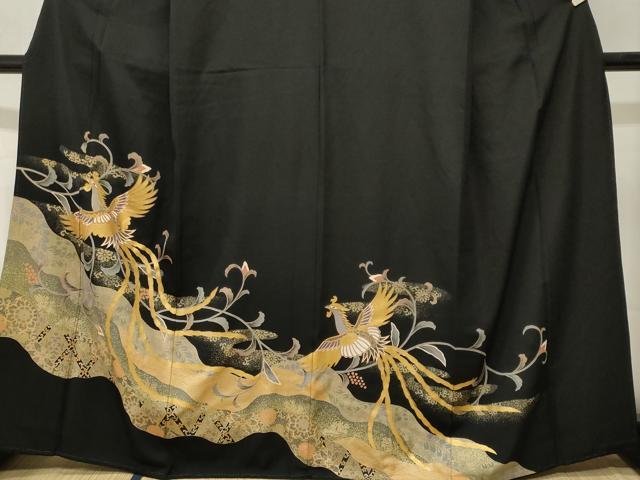 平和屋着物■豪華黒留袖　駒刺繍　鳳凰更紗花文　金彩　正絹　逸品　CABL3550ev