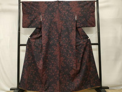 平和屋着物■上質な紬　枝花文　黒地　正絹　逸品　CABL3552ev