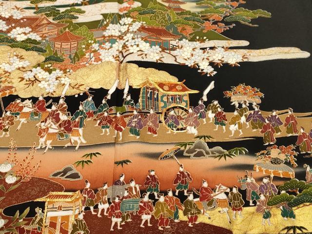 平和屋着物■谷崎潤一郎の世界　黒留袖　駒刺繍　大名行列　暈し染め　金彩　正絹　逸品　CABL3553ev
