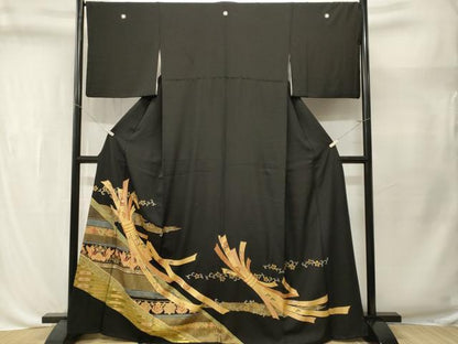 平和屋着物■豪華黒留袖　駒刺繍　束ね熨斗花鳥文　金彩　正絹　逸品　CABL3566ev