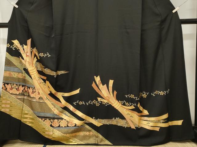 平和屋着物■豪華黒留袖　駒刺繍　束ね熨斗花鳥文　金彩　正絹　逸品　CABL3566ev