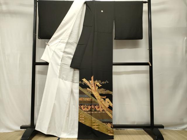 平和屋着物■豪華黒留袖　駒刺繍　束ね熨斗花鳥文　金彩　正絹　逸品　CABL3566ev