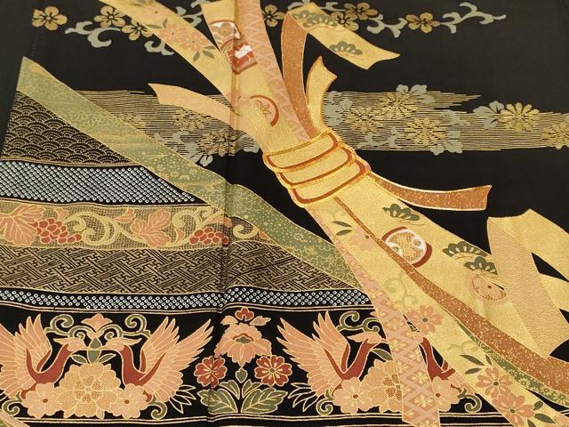 平和屋着物■豪華黒留袖　駒刺繍　束ね熨斗花鳥文　金彩　正絹　逸品　CABL3566ev